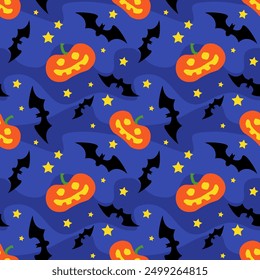 Bats and pumpkins against a background of a dark blue sky with stars. Seamless vector pattern for Halloween