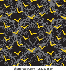 Bats, pumpkins, gothic branches. Vector seamless pattern.