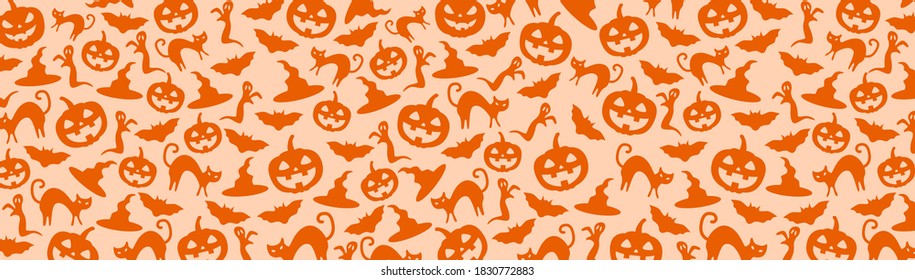 Bats and pumpkins seamless Halloween pattern cartoons with orange background. Vector illustration.