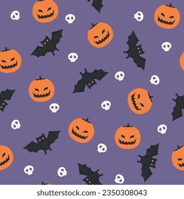 Bats, pumpkins and skull on dark background seamless pattern. Happy Halloween. Vector illustration