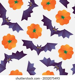 Bats and pumpkins vector pattern. Seamless halloween background in orange, purple and white colour. For wallpapers, print, fabric and stationery design