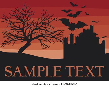 bats, scary black tree and old castle (halloween night background)