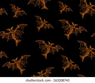 Bats seamless pattern in black and orange colors.  Halloween seamless texture with fantasy frightful creature with fish tale. Vector