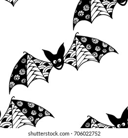 Bats Seamless Pattern. Halloween Background with Zentangle Bats Hand Drawn and Traced to Vector. Seamless Texture for Wrapping or Halloween Decoration. Background with Doodled Vampires.