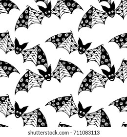 Bats Seamless Pattern. Halloween Background with Zentangle Bats Hand Drawn and Traced to Vector. Seamless Texture for Wrapping or Halloween Decoration. Background with Doodled Vampires.