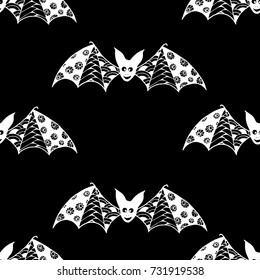 Bats Seamless Pattern. Halloween Background with Zentangle Bats Hand Drawn and Traced to Vector. Seamless Texture for Wrapping or Halloween Decoration. Background with Doodled Vampires.
