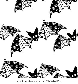 Bats Seamless Pattern. Halloween Background with Zentangle Bats Hand Drawn and Traced to Vector. Seamless Texture for Wrapping or Halloween Decoration. Background with Doodled Vampires.
