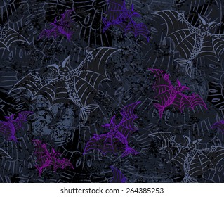 Bats seamless pattern in purple and black colors with blob effect.  Halloween seamless texture. Pattern with fantasy frightful creature with fish tale. Vector