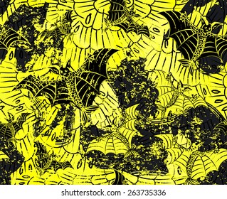 Bats seamless pattern in yellow and black colors with blob effect.  Halloween seamless texture. Pattern with fantasy frightful creature with fish tale. Vector