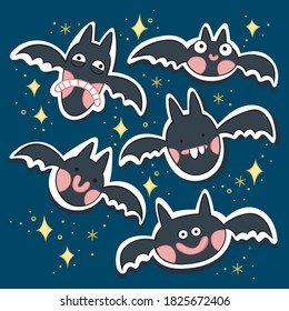 Bats. Set. Cartoon characters. Halloween person. Stickers set. Isolated vector objects.