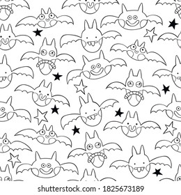 Bats. Set. Cartoon characters. Halloween person. Seamless vector pattern (background). Halloween doodle print.