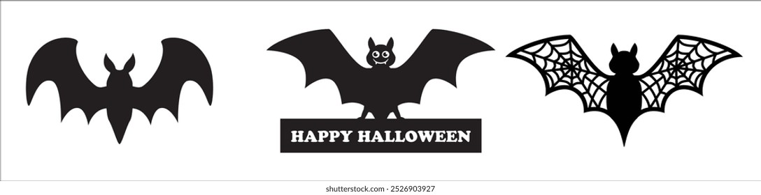 Conjunto de Vector de silueta de murciélagos. Temible, espeluznante, y lindo murciélago. Colección de murciélagos de Halloween. Plantilla de diseño de Ilustración vectorial para la plantilla, decoración de la pared, decoración de la puerta, etiqueta engomada. Aislado sobre fondo blanco.