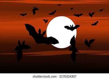 Bats silhouettes flying in the evening moon on back, black backgroud vector