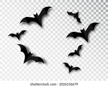 Bats silhouettes solated on transparent background. Halloween traditional design element. Vector vampire bat set isolated.