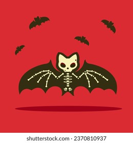 Bat's skeleton character with bats silhouettes on red background. Vector illustration in cartoon style