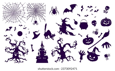 Bats, spider with a web, full moon, witch, scary trees, dead man's hands, witch's cat, cauldron, bones, skull, castle, pumpkins. Set of flat silhouettes for Halloween design. Vector illustration.