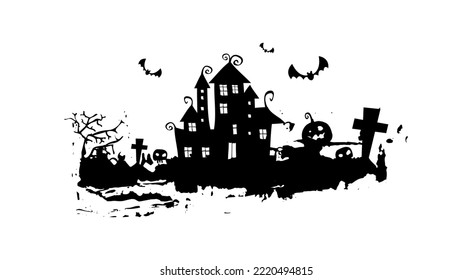 Bats, spooky trees and mysterious house. Halloween background.