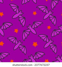 Bats and stars in naive style. Haloween seamless pattern in purple tones. 	 
