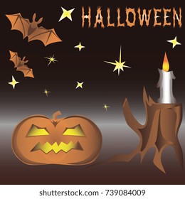 Bats and stump with candles against the background of the star sky
