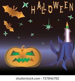 Bats and stump with candles in yellow blue tones