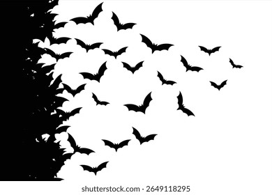 Bats Swarm Silhouette Vector. Vector silhouette of bats group flying from the left side.
