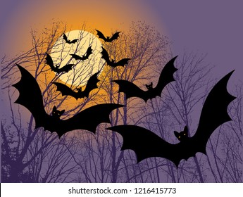 Bats in Trees with Moon Halloween Background
