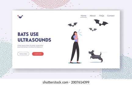 Bats Use Ultrasound Landing Page Template. Female Character Whistle Call Dog during Outdoor Walk or Training, Bats and Doggy Listen Ultra Sound Frequency Waves. Cartoon People Vector Illustration svg