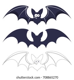 Bats vector set isolated on white background. Three silhouette of bats, gray, white, silhouette in a flat style.