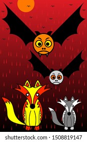 Bats, wolves and birds on a dark Halloween night with scary red blood rain.
