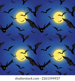 Bats with yellow eyes against the background of a blue night starry sky with a full moon. Seamless pattern for Halloween, print. Vector illustration