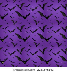 Bats with yellow eyes against a purple night starry sky. Seamless pattern for Halloween, print. Vector illustration