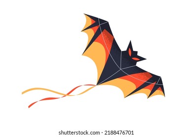 Bat-shaped wind kite flying, floating in air. Flight of kids paper toy of creepy Halloween design. Childish entertainment object with wing, tail. Flat vector illustration isolated on white background.