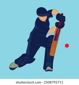 Batsman in blue uniform Hitting Shot the red ball. Cricket Player playing cricket poster isolated on sky blue background. Cricketer In Playing Action. Editable vector EPS available