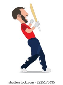 Batsman of England celebrates after hitting a winning shot during match caricature. illustration of cricket players enjoying moment. cartoon, vector, art, painting.	
