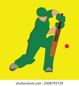 Batsman in green uniform Hitting Shot the red ball. Cricket Player playing cricket poster isolated on yellow background. Cricketer In Playing Action. Editable vector EPS available