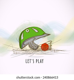 Batsman helmet with red ball for Cricket on stylish pink background.