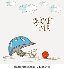 Batsman helmet with red ball for Cricket Fever on clouds decorated grey background.