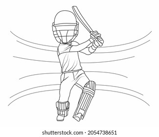 Batsman hits 4 during the match line art illustration. Cricket player cartoon vector.