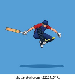 Batsman Jumping playing cricket. Cricket Player In Action Top Photography Vector illustration