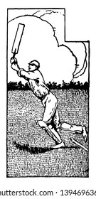 A batsman lost his balance when hitting the ball vintage line drawing or engraving illustration.