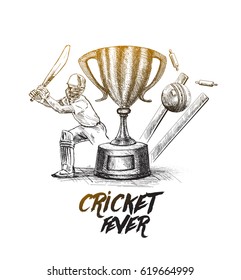 Batsman playing cricket championship with ball hitting bowling over wicket freehand sketch graphic design, vector illustration 