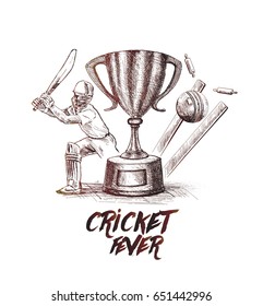 Batsman playing cricket championship with ball hitting bowling over wicket freehand sketch graphic design, vector illustration 