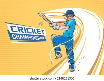 Batsman playing cricket championship on yellow background Vector banner.