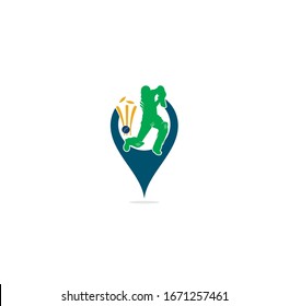 Batsman playing cricket. Cricket competition logo. Cricket championship. Cricket map pin shape concept logo