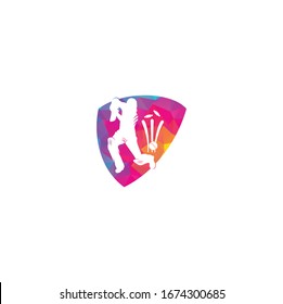 Batsman playing cricket. Cricket competition logo. Cricket championship. Cricket shield shape concept logo