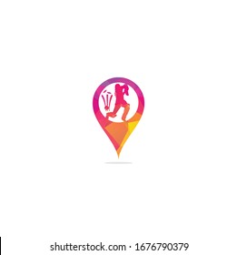 Batsman playing cricket. Cricket competition logo. Cricket championship. Cricket map pin shape concept logo