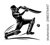 Batsman Playing Cricket - Cricketer Batsman Hitting Ball with Bat in Action - Black and White Silhouette Illustration