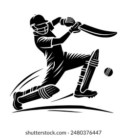 Batsman Playing Cricket - Cricketer Batsman Hitting Ball with Bat in Action - Black and White Silhouette Illustration