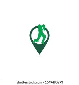 Batsman playing cricket map pin shape concept logo. Cricket competition logo. Cricket championship.	