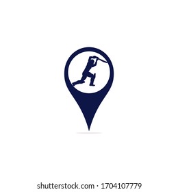 Batsman playing cricket map pin shape concept logo. Cricket competition logo.